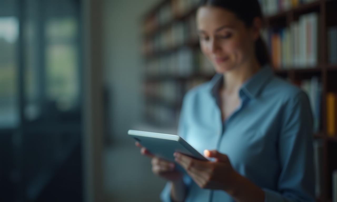 Person browsing Apex Online Resources on tablet in modern library